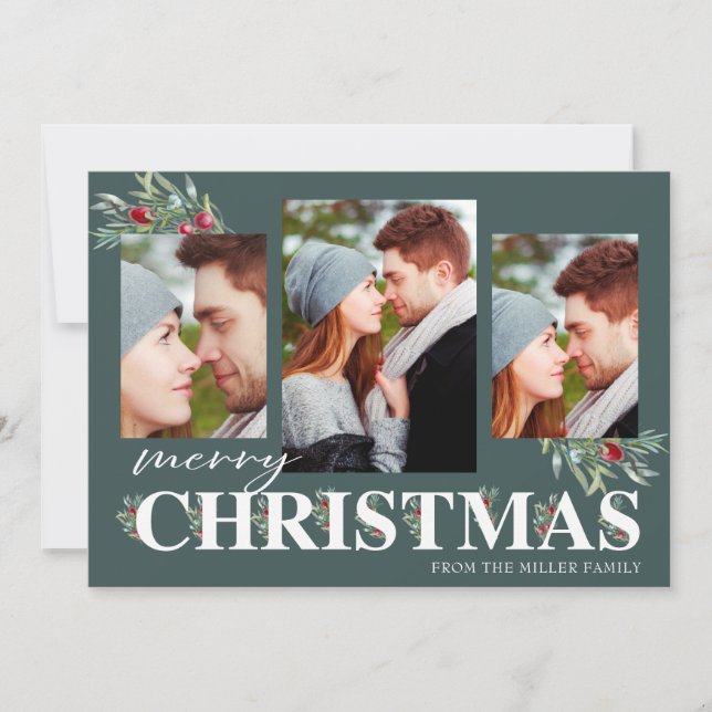 Cartão De Festividades Colagem de Fotos de Natal Holly Felry (Frente)