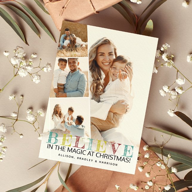 Cartão De Festividades Colagem de Fotos de Natal Moderna "BELIEVE" (Criador carregado)