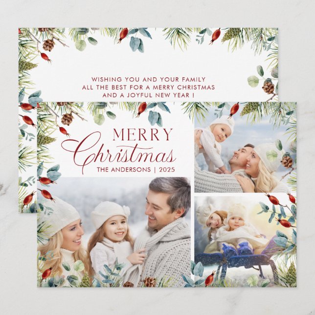 Cartão De Festividades Colagem de Fotos de Natal Moderno Greens de Invern (Frente/Verso)