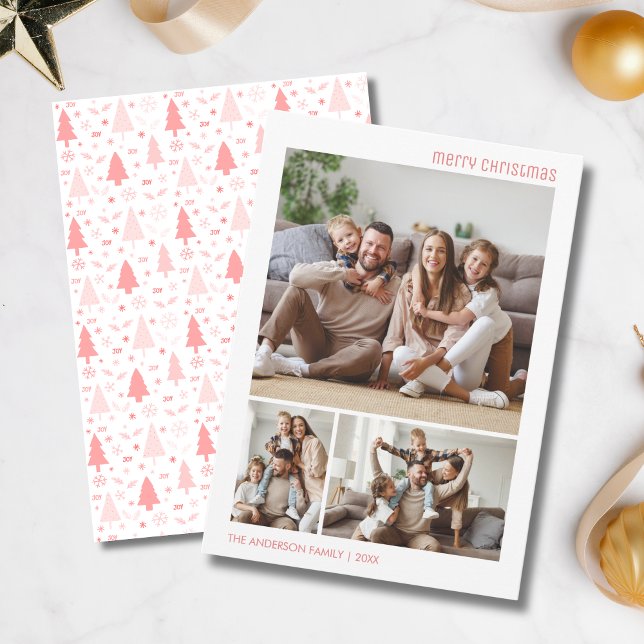 Cartão De Festividades Colagem de Fotos de Natal Rosa (Christmas Photo Collage Family Pink Holiday Card)