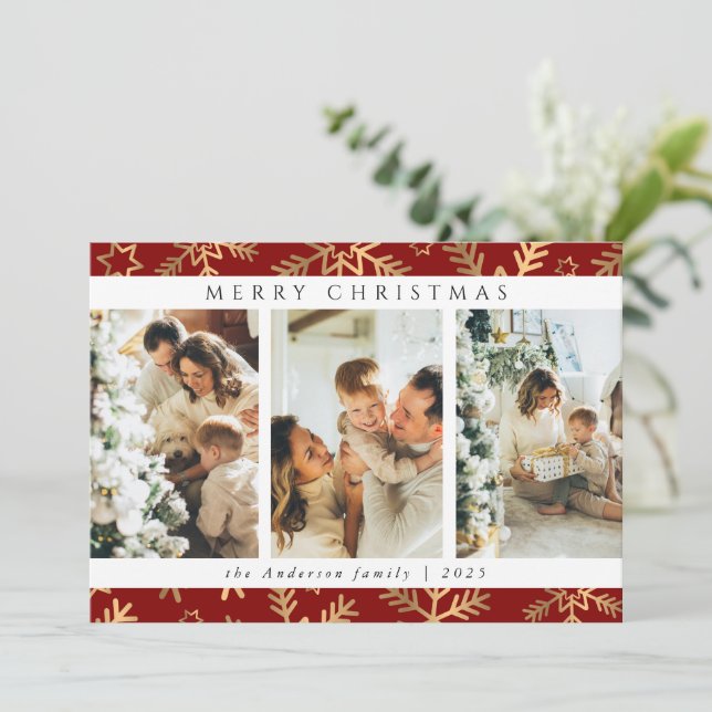 Cartão De Festividades Colagem de Fotos de Natal Vermelho Dourado Moderno (Em pé/Frente)