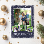 Cartão De Festividades Colagem de Fotos de Natal Vintage Winter Wonderlan<br><div class="desc">Celebrar os feriados com esta festiva Wonderland de inverno Feliz Colagem de Fotos de Natal. Uma borda de neve rodeia suas 4 fotos que são colocadas sobre um fundo azul escuro. Adicione seu texto personalizado à frente e ao verso. Com uma sensação rústica/vintage, o cartão ainda é modesto e clássico....</div>