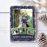 Cartão De Festividades Colagem de Fotos de Natal Vintage Winter Wonderlan<br><div class="desc">Celebrar os feriados com esta festiva Wonderland de inverno Feliz Colagem de Fotos de Natal. Uma borda de neve circunda suas 4 fotos que são colocadas sobre um fundo azul marinho. Adicione seu texto personalizado à frente e ao verso. Com uma sensação rústica/vintage, o cartão ainda é modesto e clássico....</div>