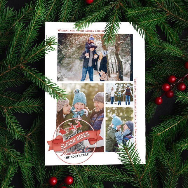 Cartão De Festividades Colagem de Fotos de Passeios de Trenó Vermelho Vin (Whimsical Santa Sleigh rides typography sign. )