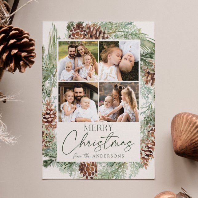 Cartão De Festividades Colagem de Fotos de Pine Cone Wreath Rustic Waterc (Criador carregado)