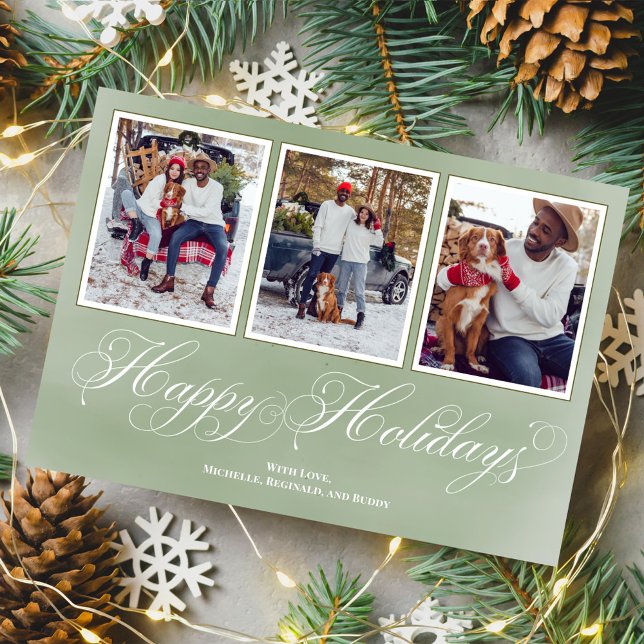 Cartão De Festividades Colagem de Fotos de Script Verde de Feriados Feliz (Merry Christmas fancy calligraphy script vertical multi photo card. )
