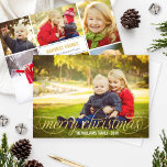 Cartão De Festividades Colagem de Fotos de Sobreposição de Script Dourado<br><div class="desc">O cartão de saudação de fotos múltiplas de feriado simples apresenta o "Feliz Natal" num lindo e moderno roteiro dourado com detalhes de rolagem em branco e modelo de colagem de fotos com seis (6) fotos adicionais no verso.</div>