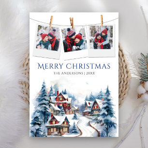 Cartão De Festividades Colagem de Fotos de Vila de Inverno em Aquarela Na