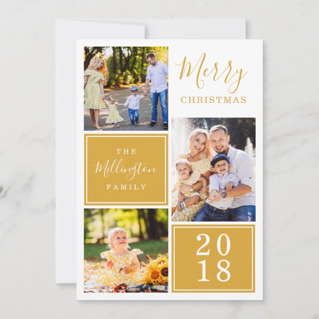 Cartão De Festividades Colagem de Fotos de Xadrez Amarelo de Tartan Feliz (Frente)