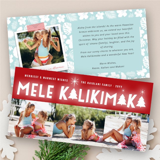 Cartão De Festividades Colagem de Fotos do 3° Natal Brilhante Mele Kaliki (Mele Kalikimaka Glow Typography Christmas 3 Photo Collage Modern Holiday Card @ fat_fa_tin)
