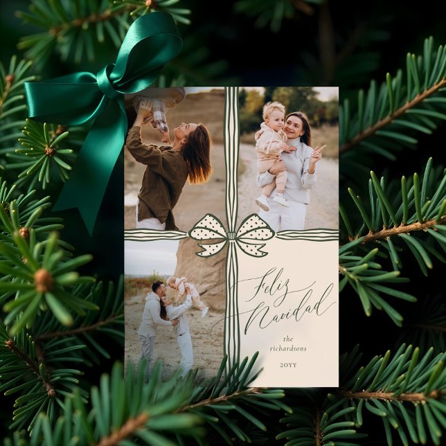 Cartão De Festividades Colagem de fotos do Arco Feliz Navidad Elegante Ho (Feliz Navidad Elegant Holiday Bow Photo Collage)