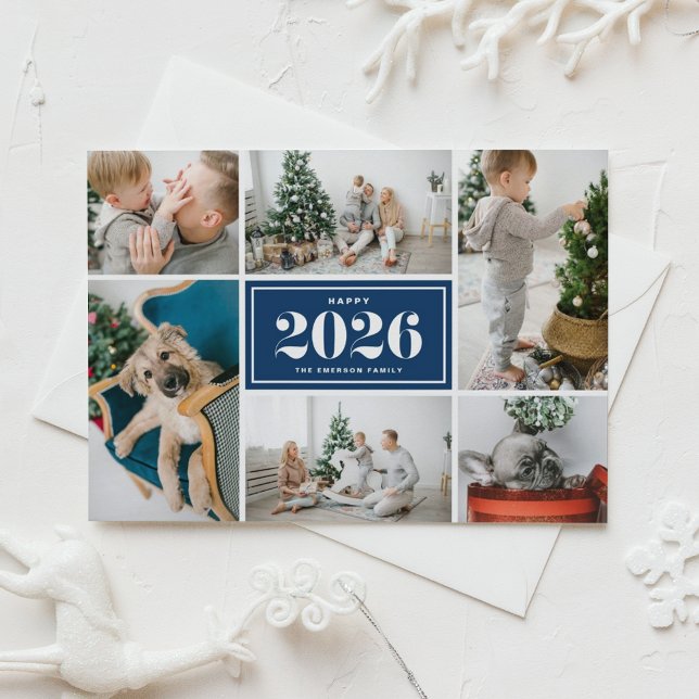 Cartão De Festividades Colagem de fotos do Feliz ano novo Azul 2025 (Send 2026 new year cheer with this customizable navy blue photo collage Happy New Year Photo Card. )
