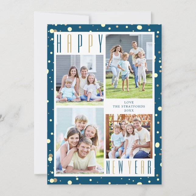 Cartão De Festividades Colagem de Fotos do feliz ano novo Blue Dourado Co (Frente)