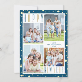 Cartão De Festividades Colagem de Fotos do feliz ano novo Blue Dourado Co