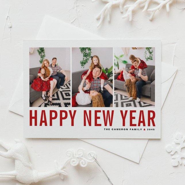 Cartão De Festividades Colagem de Fotos do Feliz ano novo Red Typografia (Send new year cheer with this customizable red three-photo-collage Happy New Year Card. )