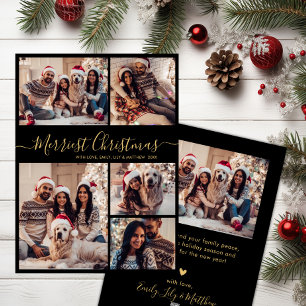 Cartão De Festividades Colagem de Fotos Dourada 5 Preta Feliz Natal