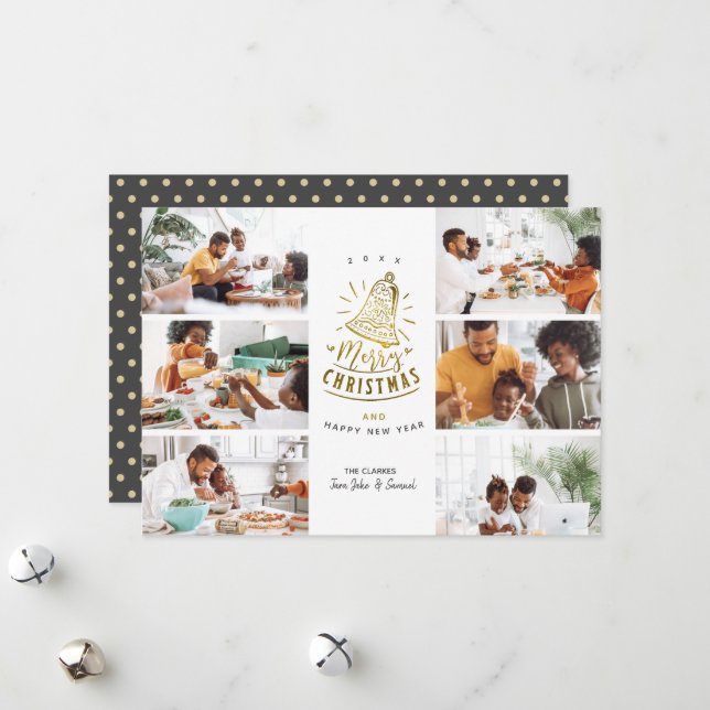 Cartão De Festividades Colagem de Fotos Dourada Bell Feliz Natal 6 (Frente/Verso In Situ)