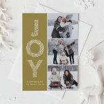 Cartão De Festividades Colagem de Fotos Dourada com Letra de Folhagem JOY<br><div class="desc">Cartão plano de colagem de fotos de Natal Dourado com aluguel de folhagem de JOY | Enviar Cartões de natal com este cartão com fotos de feriado caprichoso. Apresenta a tipografia decorativa de folhagem JOY e o padrão festivo. Personalize adicionando nomes,  mensagens e fotos.</div>