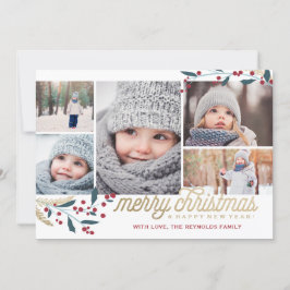 Cartão De Festividades Colagem de Fotos Dourada Red Berries 5 | Feliz Nat