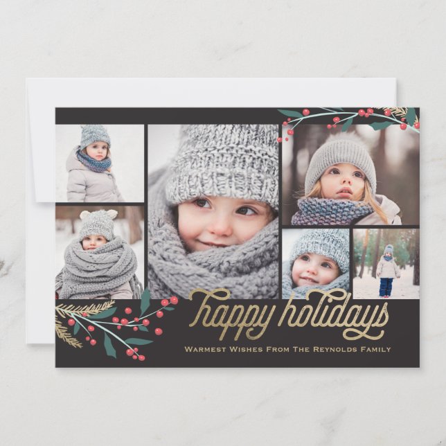 Cartão De Festividades Colagem de Fotos Dourada Red Berries 6 | Feriados  (Frente)