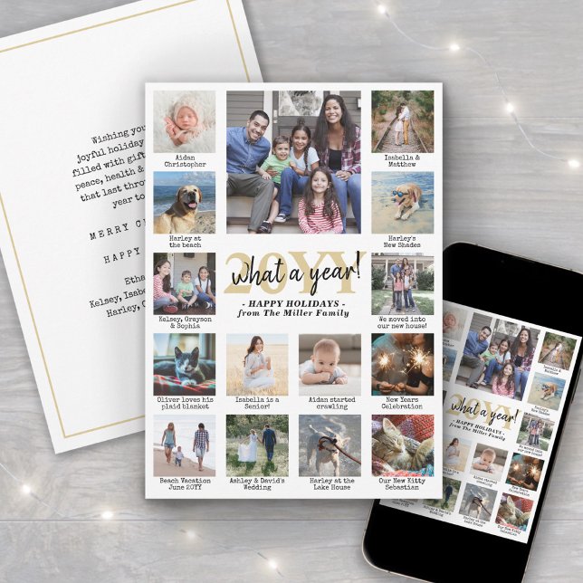 Cartão De Festividades Colagem de Fotos e Legendas Que Dourado Ano Branco (Criador carregado)