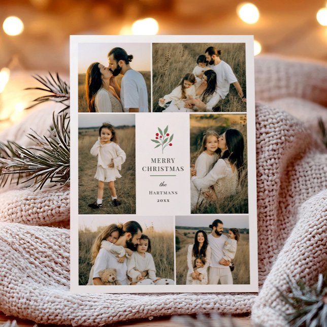 Cartão De Festividades Colagem de Fotos Elegante Berry Botanical Christma (Criador carregado)