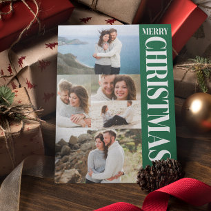 Cartão De Festividades Colagem de Fotos Elegante Verde Branco Feliz Natal