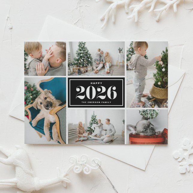 Cartão De Festividades Colagem de fotos em Feliz ano novo preto e branco  (Send 2026 new year cheer with this black and white photo collage Happy New Year Photo Card. )