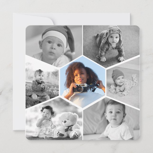 Cartão De Festividades Colagem de Fotos em Hexágono Preto e Branco (Frente)