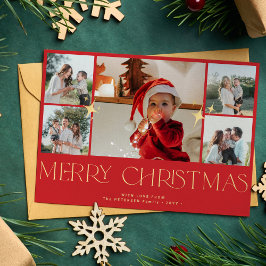 Cartão De Festividades Colagem de fotos em ouro moderno vermelha Natal