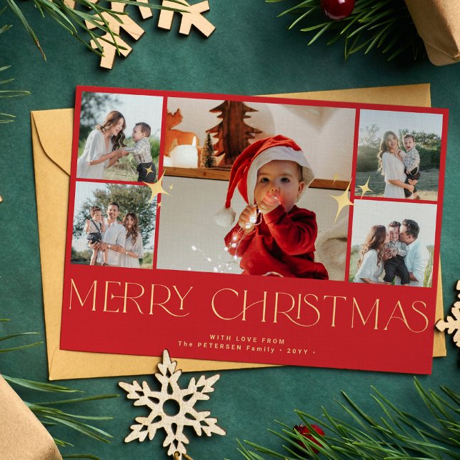 Cartão De Festividades Colagem de fotos em ouro moderno vermelha Natal (Criador carregado)