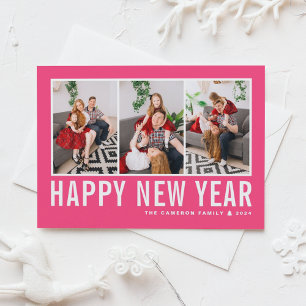 Cartão De Festividades Colagem de Fotos em Tipografia Moderna Rosa Neon A