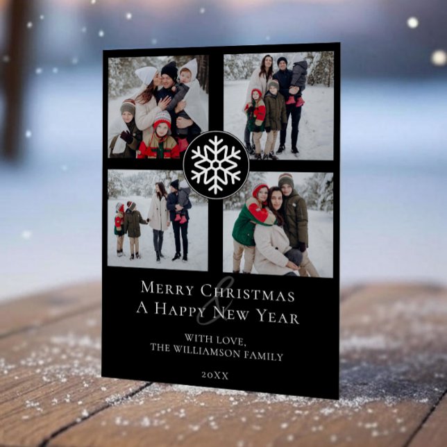 Cartão De Festividades Colagem de Fotos Emblem Snowflake | Branco (Black Snowflake Emblem Photo Collage Holiday Photo Card)