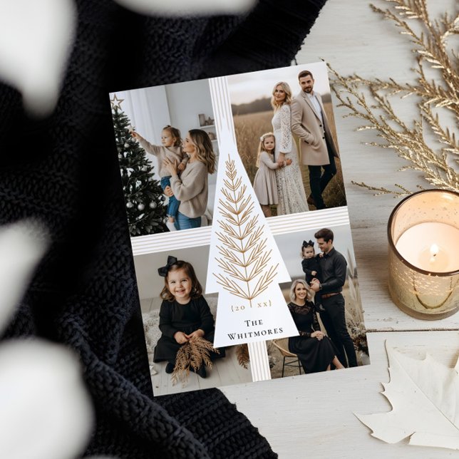 Cartão De Festividades Colagem de Fotos Evergreen Tree do Arco Elegante (Elegant Bow Present Evergreen Tree Photo Collage Holiday Card)