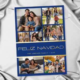 Cartão De Festividades Colagem de Fotos Feliz Navidad Azul Moderno 7