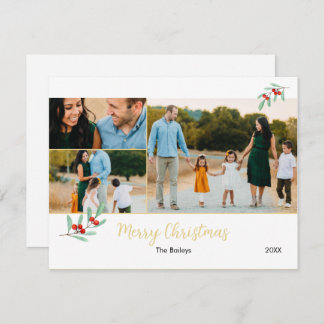 Cartão De Festividades Colagem de Fotos Felry Christmas Dourado Mistletoe