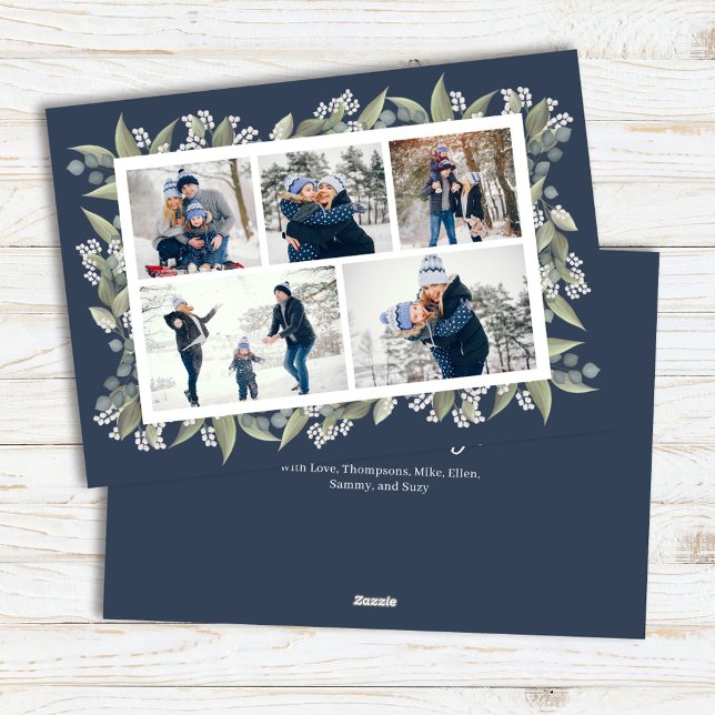 Cartão De Festividades Colagem de Fotos Floral Azul do Marinho de Feriado (Multi photo collage custom Navy blue holiday photo card.)
