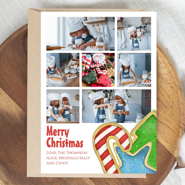 Cartão De Festividades Colagem de Fotos Grátis e Feliz Natal (Merry christmas photo card with watercolor Christmas cookies.)