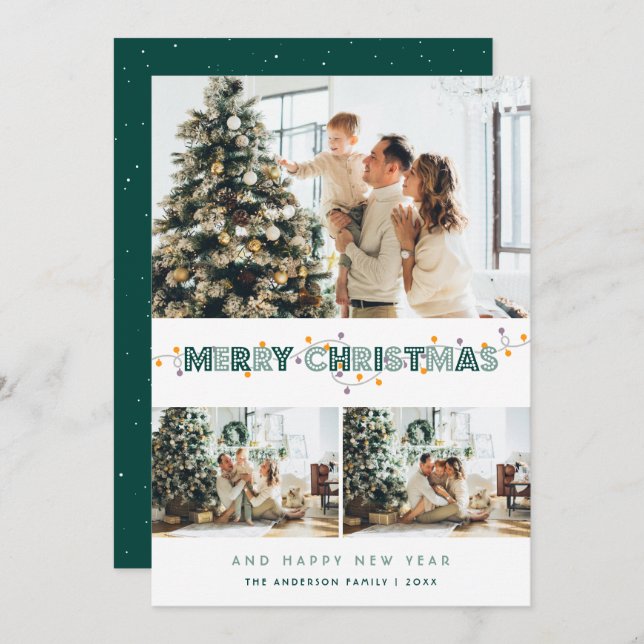 Cartão De Festividades Colagem de Fotos Green Christmas Lights Snow 3 (Frente/Verso)