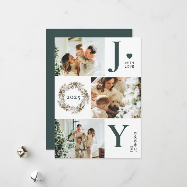 Cartão De Festividades Colagem de Fotos Joy Na moda 3 | Natal Verde escur (Frente/Verso In Situ)