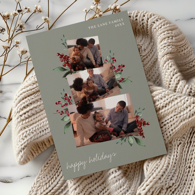 Cartão De Festividades Colagem de Fotos Leve Sage com Berries e Greenery (Criador carregado)