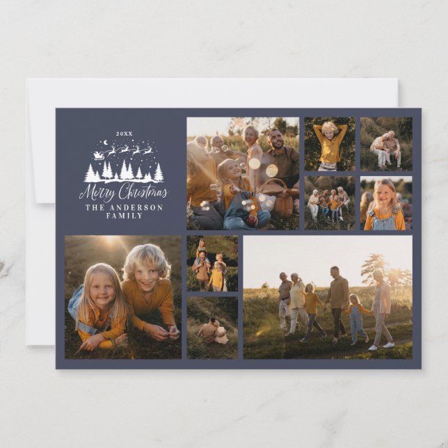 Cartão De Festividades Colagem de fotos mínima moderna azul de marinho de (Frente)