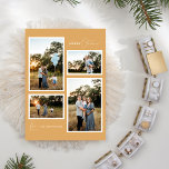 Cartão De Festividades Colagem de Fotos Minimalista de Quatro Douradas Re<br><div class="desc">Este Dourado design de Cartão de Feriado de Quatro Colagem de Fotos Minimalista e Retro Boho apresenta um pano de fundo macio e quente de ouro mostarda com um elegante pareamento de uma tipografia simples e uma guião delicada que oferece saudações de "Feliz Natal" na temporada. Este estilo mínimo adorável...</div>
