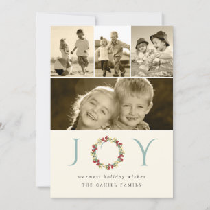 Cartão De Festividades Colagem de Fotos Moderna Azul de Joy Wreath Retro