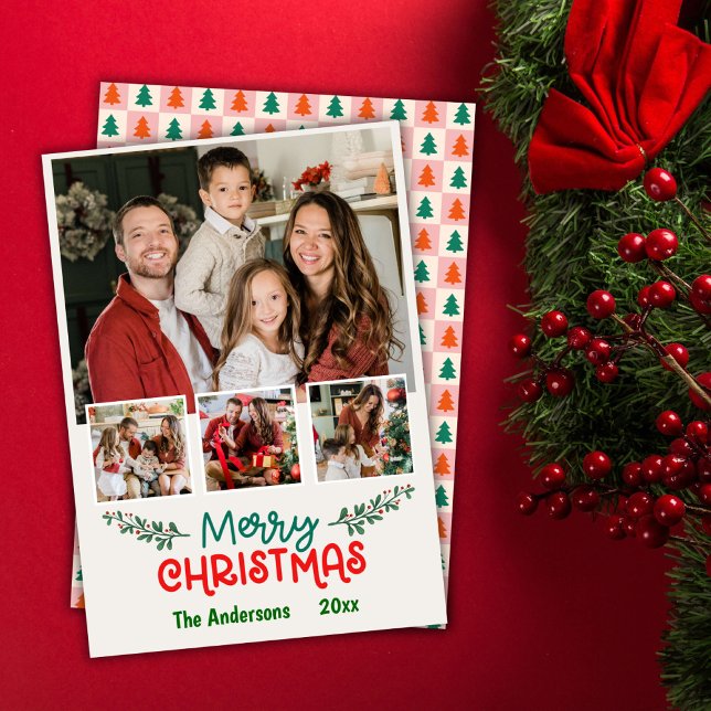 Cartão De Festividades Colagem de fotos moderna de 4, um belo Natal (Front/Back )