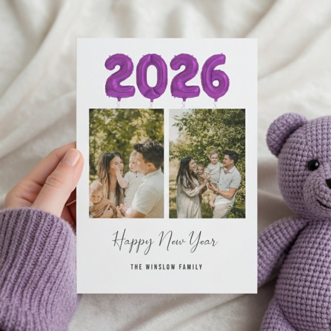 Cartão De Festividades Colagem de Fotos Moderno Feliz Ano Novo, 2026 Roxo (Criador carregado)