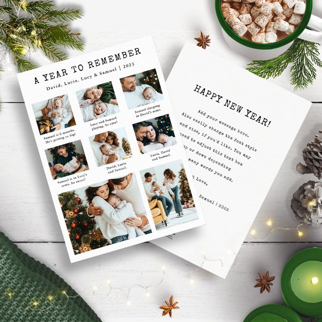 Cartão De Festividades Colagem de Fotos Moderno Que Ano (Black and White Holiday Year In Review Newsletter Photo Collage Card by Painted Paperie)