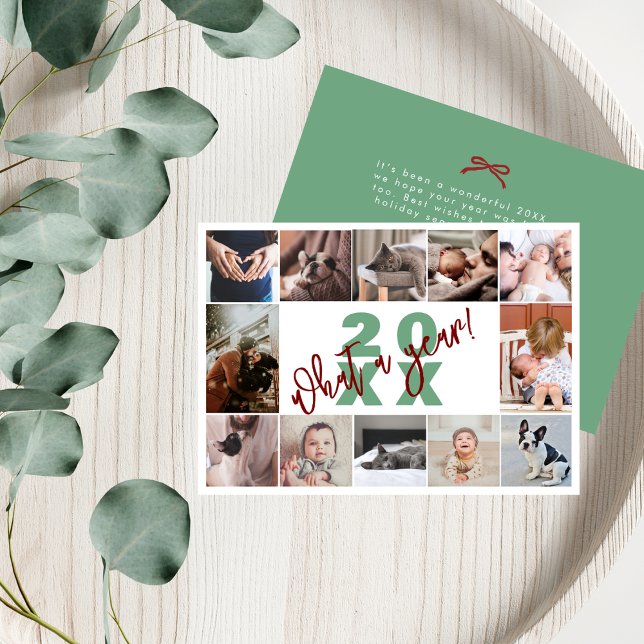 Cartão De Festividades Colagem de Fotos Moderno Verde Vermelho 12 Que Ano (Criador carregado)