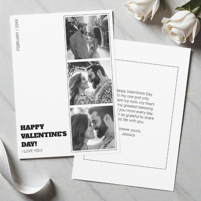 Cartão De Festividades Colagem de fotos Namorados preto e branco moderno (Love Valentines Day Black and White Photo Collage Holiday Card)