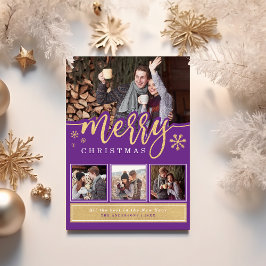 Cartão De Festividades Colagem de Fotos Natal Feliz Roxo Dourado Tendênci